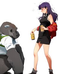 1girl absurdres backpack bag beer_can black_dress black_shoes blush breasts can commentary dress drink_can drunk english_commentary gorilla highres holding holding_can jacket katsuragi_misato khyle. long_hair medium_breasts messy_hair neon_genesis_evangelion nose_blush purple_hair red_jacket shirt shoes simple_background sleeveless sleeveless_dress smirk standing sweatdrop white_background white_shirt