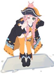 1girl bent_over bicorne black_coat boots braid coat denim denim_shorts eyepatch hat heaven_burns_red highres long_hair long_sleeves mizuhara_aina nanashisanhvbn orange_thighhighs pink_eyes pink_hair pirate_hat sailor_collar shorts smile thighhighs twin_braids