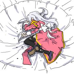 Rule 34 | 1girl, back bow, black thighhighs, bow, commentary request, dress, full body, grey hair, high priest (ragnarok online), juliet sleeves, long hair, long sleeves, lowres, meme, on ground, pink dress, puffy sleeves, purple shoes, ragnarok online, sash, sera (hitsuji to kitsune), shoes, solo, thighhighs, white background, white bow, white sash, yamcha pose (meme)
