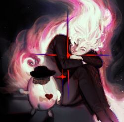 1boy black_bow bow brain closed_mouth crossed_arms eyebrows fire fire_hair full_body heart long_hair looking_at_another male_focus mascot one_eye_closed pink_eyes shion_(hundred_line) simple_background sirei_(hundred_line) sitting standing the_hundred_line_-last_defense_academy- white_hair