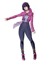 Rule 34 | 1girl, absurdres, aged up, blue shirt, denim, diamond wa kudakenai, drawstring, eyewear on head, hair between eyes, high-waist pants, highres, hood, hood down, hoodie, jacket, jeans, jojo no kimyou na bouken, long sleeves, looking at viewer, open clothes, open hoodie, open mouth, pale skin, pants, pink hoodie, pink lips, pink shoes, purple eyes, purple hair, shirt, shizuka joestar, shoes, short hair, simple background, sleeves past wrists, sneakers, solo, star-shaped clothes, star (symbol), sunglasses, transparent background