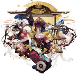 1girl absurdres ball bird blue_eyes breasts cherry_blossoms cleavage fate/grand_order fate_(series) fine_art_parody hair_bun hair_ornament hairpin highres holding holding_brush holding_scroll japanese_clothes kanagawa_okinami_ura katsushika_hokusai_(fate) kimono large_breasts mount_fuji mrruaaa multiple_hairpins off_shoulder parody purple_hair scroll temari_ball toto-sama_(fate)