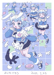 animal_ears apron blue_eyes blue_hair genderswap genderswap_(mtf) hair_ornament highres kneehighs light_blush looking_at_viewer open_mouth original pill rabbit_ears rabbit_tail running socks stuffed_animal stuffed_toy sweatdrop tail track_suit transformation wings yoshida_gorou