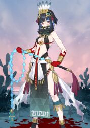 1girl aztec bare_shoulders black_eyes black_hair blood blood_on_hands blood_splatter blue_hair blunt_bangs bracelet breasts breasts_apart clothing_request colored_inner_hair covered_mouth facial_tattoo fate/grand_order fate_(series) feet_out_of_frame game_cg gold_anklet gold_bracelet hands_up headdress holding holding_whip jewelry legs_apart looking_at_viewer medium_breasts multicolored_hair official_art pelvic_curtain revealing_clothes saitou_hiroki sandals short_hair sideboob sidelocks solo standing stomach tattoo tenochtitlan_(fate) tenochtitlan_(first_ascension)_(fate) third-party_source two-tone_hair variant_set
