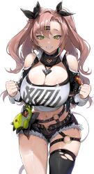 1girl black_ribbon breasts cleavage clenched_hands clothing_cutout cowboy_shot crop_top earrings enpix green_eyes grin hair_ornament hair_ribbon hairclip heart heart_earrings heart_necklace highres jewelry large_breasts long_hair looking_at_viewer micro_shorts midriff mole mole_on_breast mole_on_thigh mole_under_eye navel necklace nicole_demara open_mouth pink_hair ribbon shorts shoulder_cutout simple_background single_thighhigh smile solo standing stomach strapless thigh_strap thighhighs thighs torn_clothes torn_thighhighs tube_top two_side_up white_background white_tube_top zenless_zone_zero