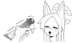 1boy 1girl animal_ear_fluff animal_ears asahina_yoshitoshi blue_archive blush closed_eyes ear_blush erection extra_ears fox_ears greyscale halo highres long_hair male_masturbation masturbation monochrome open_mouth penis precum seia_(blue_archive) simple_background solo_focus tongue tongue_out uncensored white_background