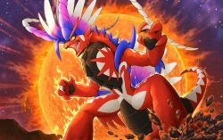 Rule 34 | aura, colored sclera, debris, katkichi, koraidon, nintendo, no humans, open mouth, orange eyes, pokemon, pokemon (creature), pokemon focus, pokemon tcg, second-party source, sky, solo, star (sky), starry sky, sun, yellow sclera
