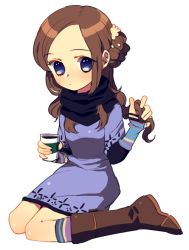 1girl artist_request blue_eyes boots brown_hair female_focus full_body kneeling kyokugen_dasshutsu kyokugen_dasshutsu:_9_jikan_9_nin_9_no_tobira looking_at_viewer kurashiki_akane scarf sitting solo transparent_background
