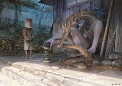 2others colored_skin creature dragon grey_skin monokubo monster multiple_others original outdoors plant scenery stone tail