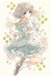 Rule 34 | 1girl, blush, bow, bracelet, dress, flower, frilled dress, frilled socks, frills, green eyes, grey hair, hisakata (hisa nn), jewelry, jumping, loafers, lolita fashion, looking back, muted color, original, painting (medium), polka dot, ribbon, school uniform, serafuku, shoes, socks, sweet lolita, traditional media, watercolor (medium)