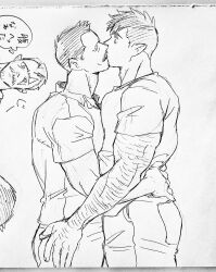Rule 34 | 2boys, bara, billy russell (dickfish), couple, cowboy shot, dickfish (fishismdick), foreplay, from side, graphite (medium), greyscale, highres, john rottweil (dickfish), kiss, large pectorals, light smile, male focus, mature male, monochrome, multiple boys, muscular, muscular male, original, pectoral docking, pectoral press, pectorals, photo (medium), profile, scan, shirt, short hair, sketch, thick arm hair, thick eyebrows, traditional media, tsurime, upper body, yaoi