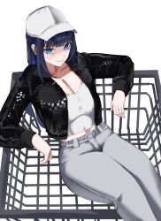 1girl absurdres baseball_cap black_jacket blue_hair breasts cleavage closed_mouth commentary english_commentary grey_pants hat highres hololive hololive_english inzoi jacket koizumi_arata large_breasts light_smile looking_at_viewer ouro_kronii pants shirt simple_background solo virtual_youtuber white_background white_hat white_shirt