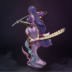 1girl 3d black_gloves bracer breasts fate/grand_order fate_(series) female_focus fingerless_gloves from_behind full_body gloves highres holding holding_sword holding_weapon katana large_breasts leg_up leslyzerosix long_hair low-tied_long_hair minamoto_no_raikou_(fate) purple_eyes purple_hair sandals sheath solo sword very_long_hair weapon