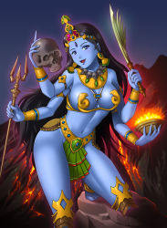 1girl black_hair blue_eyes blue_skin bowl breasts colored_skin earrings extra_arms facial_mark female_focus forehead_mark headdress hindu_mythology hinduism jewelry kali_(mythology) lava loincloth long_hair lots_of_jewelry medium_breasts midriff navel necklace open_mouth original polearm rakusai_(saisai_garou) rakutoki skull skull_necklace smile solo sword trident very_long_hair volcano weapon