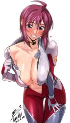 1girl absurdres black_choker blush bodysuit breasts choker cleavage collarbone commentary_request dated grey_bodysuit gundam gundam_seed gundam_seed_destiny highres large_breasts leaning_forward looking_at_viewer lunamaria_hawke mecha_pilot_suit multicolored_bodysuit navel open_bodysuit open_clothes purple_eyes red_bodysuit red_hair short_hair signature simple_background smile solo stomach sweat white_background yoo_tenchi