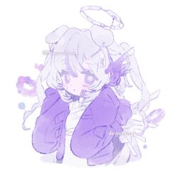 1girl animal_ears blush cropped_torso dog_ears grey_hair halo hood jacket long_hair long_sleeves looking_at_viewer memuro open_clothes open_jacket original purple_eyes purple_jacket scissors sleeves_past_wrists solo twintails twitter_username upper_body watermark white_background
