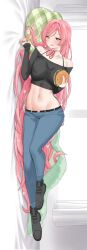 Rule 34 | 1girl, :d, belt, black belt, black shirt, black shoes, blue pants, blush, breasts, burger, bygin, chicken (food), chicken leg, choker, collarbone, cropped shirt, denim, female focus, food, green eyes, hanazono hahari, highres, holding, holding burger, holding food, jeans, kimi no koto ga dai dai dai dai daisuki na 100-nin no kanojo, large breasts, long hair, long sleeves, lower teeth only, lying, mature female, midriff, navel, neck ribbon, on bed, on side, open mouth, pants, pillow, pink choker, pink hair, pink ribbon, plaid pillow, ribbon, shirt, shoes, smile, solo, teeth, tongue