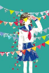 1girl 922pochan absurdres aqua_background arm_up blue_eyes blue_sailor_collar blue_skirt blunt_ends brown_hair bunting commentary feet_out_of_frame highres holding_string_of_flags long_sleeves looking_at_viewer masking_tape_(medium) miniskirt mixed_media neckerchief one_eye_covered original parted_lips red_neckerchief sailor_collar school_uniform serafuku shirt short_hair simple_background skirt solo standing traditional_media unconventional_media white_shirt