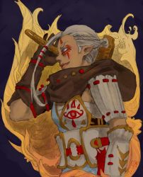 1girl armor bad_id bad_tumblr_id bracer braid brown_gloves dark-skinned_female dark_skin facial_tattoo female_focus folded_ponytail french_braid fringe_trim gloves grey_hair highres hyrule_warriors impa lips muneate nintendo nose over_shoulder pauldrons pointy_ears red_eyes sarashi scarf shoulder_armor smile solo sword sword_over_shoulder tattoo the_legend_of_zelda upper_body weapon weapon_over_shoulder zombeh