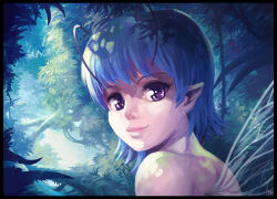 1girl antennae back bare_shoulders blue_hair branch fairy_wings felarya forest karbo lips lucilya monster_girl nature neck nose nude outdoors plant pointy_ears purple_eyes short_hair smile solo vines wings