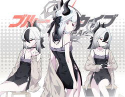 1girl absurdres back black_bow black_dress black_hair black_horns blue_archive bow breasts brown_jacket cleavage closed_mouth collarbone commentary_request copyright_name demon_horns dress ear_piercing floating_hair from_behind grey_hair hair_between_eyes hair_bow halo highres horns jacket kayoko_(blue_archive) kayoko_(dress)_(blue_archive) kyky_(-kyky) long_hair long_sleeves looking_at_viewer looking_back multiple_views official_alternate_costume official_alternate_hairstyle piercing red_eyes sitting standing