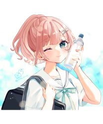 1girl ;) bag blue_bow blue_eyes blurry blurry_background bottle bow closed_mouth commentary_request depth_of_field hair_ornament hairclip highres holding holding_bottle looking_at_viewer one_eye_closed original pink_hair ponytail rino_cnc sailor_collar school_bag school_uniform serafuku shirt short_sleeves smile solo twitter_username upper_body water water_bottle white_sailor_collar white_shirt
