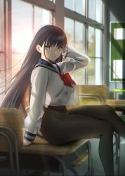 1girl absurdres backlighting black_hair blue_sailor_collar blush breasts brown_eyes brown_pantyhose chair classroom crop_top crop_top_overhang crossed_legs desk high-waist_pantyhose highres large_breasts long_hair long_sleeves looking_at_viewer nanaken_nana no_skirt on_desk original pantyhose sailor_collar shirt sitting solo thighs white_shirt window