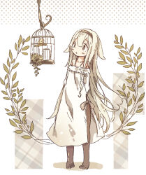 1girl animal_ears bare_shoulders birdcage blonde_hair cage chipie_0114 dress flat_chest full_body hairband highres leaf long_hair no_shoes off-shoulder_dress off_shoulder original pantyhose plant side_slit standing tareme very_long_hair white_dress
