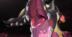 absurdres bright_pupils eriott extra_mouth gen_3_pokemon highres mawile mega_evolution mega_mawile mega_pokemon nintendo open_mouth pokemon purple_eyes saliva sharp_teeth solo teeth tongue