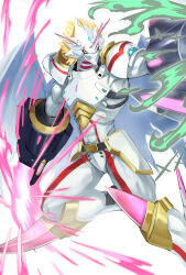 Rule 34 | 1boy, abs, arm blade, arm cannon, armor, attack, bakeneko38, blonde hair, digimon, digimon ghost game, dragon, energy gun, energy sword, firing, highres, horns, short hair, shoulder armor, simple background, siriusmon, slashing, spikes, sword, torn wings, weapon, white background, wings, yellow eyes