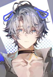 1boy absurdres antenna_hair black_choker black_shirt blue_eyes choker collared_shirt drawn_ears highres honkai:_star_rail honkai_(series) kkuekkue_(chifer1958) looking_at_viewer male_focus neck_tattoo parted_bangs partially_unbuttoned phainon_(honkai:_star_rail) shirt short_hair solo sun_symbol sun_tattoo tan tattoo upper_body white_hair