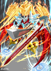 armor buckle cape chicago-x claws digimon digimon_(creature) dual_wielding epic fire fire flaming_sword flaming_weapon full_armor glowing holding horns jesmon magic_circle monster multiple_swords no_humans royal_knights signature single_horn solo spikes sword tail weapon