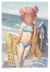 Rule 34 | 1girl, alphonse (white datura), aqua eyes, bandaged leg, bandages, bare shoulders, beach, bikini, blue bikini, blue ribbon, blue sky, border, breasts, dated, day, double bun, fate/grand order, fate (series), feet out of frame, frankenstein&#039;s monster (fate), frankenstein&#039;s monster (swimsuit saber) (fate), frankenstein&#039;s monster (swimsuit saber) (first ascension) (fate), gloves, hair bun, half-closed eyes, headgear, highres, holding, horizon, horns, looking down, mechanical horns, navel, neck ribbon, ocean, open clothes, outdoors, parted bangs, photoshop (medium), pink gloves, revision, ribbon, short hair, side-tie bikini bottom, signature, single glove, single horn, sky, small breasts, solo, standing, stomach, swimsuit, swimsuit cover-up, water, weapon, white border, white ribbon