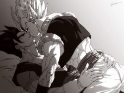2boys abs adam&#039;s_apple back bed bed_sheet closed_mouth cropped_vest dougi dragon_ball dragon_ball_super dragon_ball_super_broly earrings from_side gloves gogeta greyscale half-closed_eyes hands_on_another&#039;s_waist highres imminent_kiss jewelry kiss looking_at_another lying male_focus medium_hair metamoran_vest monochrome multiple_boys muscular muscular_male no_shirt on_back open_clothes open_vest pants parted_lips pectoral_cleavage pectorals potara_earrings sash shirt shirtless_male sitting sitting_on_lap sitting_on_person smile spiked_hair super_saiyan trait_connection undershirt vegetto vest wrist_cuffs yaoi