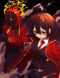 1girl 1other black_eyes black_gloves black_hair black_shirt breasts clock coat dante_(limbus_company) genderswap genderswap_(mtf) gloves highres large_breasts limbus_company liu_association_south_uniform long_sleeves necktie object_head pmchell_04 project_moon red_coat red_necktie shirt simple_background yi_sang_(project_moon)
