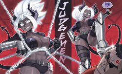 Rule 34 | 1boy, 1girl, abs, absurdres, armored boots, boots, breasts, chain, demon, demon girl, demon horns, demon tail, english text, hand on own thigh, helltaker, helltaker (character), highres, horns, judgement (helltaker), metal gloves, smirk, standing on person, tail, tallinax, thighs, white eyes, white hair