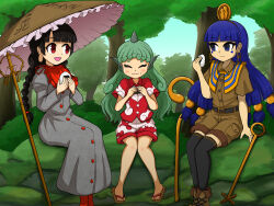 3girls absurdres ajirogasa aokicosumo black_hair black_thighhighs blue_eyes blue_hair blunt_bangs braid brown_hat brown_shirt brown_shoes brown_shorts closed_eyes clothes_writing coat commentary_request curly_hair earrings facial_mark food forest geta gold_headdress green_hair grey_coat hat highres holding holding_food horns jewelry key_earrings komano_aunn long_earlobes long_hair michigami_nareko multiple_girls nature onigiri outdoors red_eyes red_shirt shirt shoes shorts single_horn staff thighhighs touhou tree triangle triangle_facial_mark white_shorts yatadera_narumi