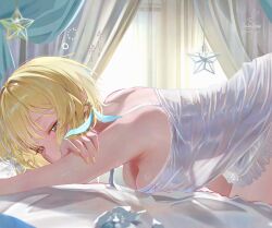 1girl absurdres alternate_costume armpits bare_arms blonde_hair blue_feathers blush breasts commentary_request dress earrings feather_earrings feathers from_side genshin_impact hair_intakes highres indoors jewelry kabu_usagi large_breasts lumine_(genshin_impact) see-through_silhouette short_hair short_hair_with_long_locks sideboob solo top-down_bottom-up white_dress yellow_eyes