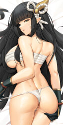 1girl ass black_hair breasts chest_sarashi commentary commission dakimakura_(medium) english_commentary gloves grabbing_own_ass green_eyes hair_ornament hinoa large_breasts legs_together looking_at_viewer looking_back lying median_furrow monster_hunter_(series) monster_hunter_rise on_stomach panties parted_lips pointy_ears sarashi solo tony_guisado underwear white_panties