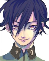 1boy androgynous bishounen black_hair close-up cortaunatijera earrings eyelashes hair_between_eyes high_collar jewelry looking_at_viewer male_focus persona persona_1 portrait purple_eyes school_uniform short_hair simple_background single_earring smile solo st._hermelin_school_uniform toudou_naoya trap white_background
