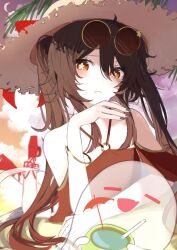 1girl absurdres alternate_costume black_nails boo_tao_(genshin_impact) cup drinking_straw flower-shaped_pupils genshin_impact glasses hat highres hu_tao_(genshin_impact) long_hair looking_at_viewer magnet_8_8 red_eyes red_shoes shoes swimsuit symbol-shaped_pupils umbrella
