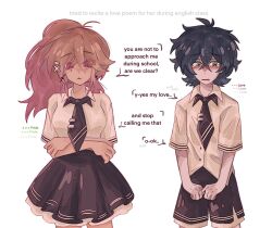 1boy 1girl black_hair black_necktie black_shorts black_skirt brown_hair collared_shirt crossed_arms degrees_of_lewdity english_text green_eyes hair_between_eyes kylar_(degrees_of_lewdity) kylar_(male)_(degrees_of_lewdity) long_hair may_(miyume_may) miyume_may necktie player_character_(degrees_of_lewdity) player_character_(female)_(degrees_of_lewdity) pleated_skirt ponytail red_eyes school_uniform shirt short_hair short_sleeves shorts simple_background skirt white_background white_shirt
