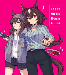 ! 2girls animal_ears beanie belt black_pants black_shorts breasts brown_belt brown_hair brown_tail collared_shirt commentary couple cowboy_shot dress_shirt ear_ornament ears_through_headwear flower frown gift grey_hat grey_jacket hair_between_eyes happy_birthday hat highres holding holding_flower holding_gift hood hood_down hoodie horse_ears horse_girl horse_tail jacket jewelry large_breasts looking_down multicolored_hair multiple_girls nakayama_festa_(umamusume) namuko necklace pants pink_background purple_eyes red_eyes red_flower red_rose rose shirt shorts simple_background sirius_symboli_(umamusume) sparkle streaked_hair striped_clothes striped_shirt tail twitter_username umamusume vertical-striped_clothes vertical-striped_shirt white_hair white_hoodie yuri