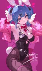 1girl absurdres ace_(playing_card) ace_of_hearts animal_ears black_leotard blue_eyes blue_hair breasts card clothing_cutout commentary cutout_above_navel detached_collar fake_animal_ears fishnet_pantyhose fishnets hair_ornament hatsune_miku heart heart_cutout highres jacket leotard long_hair looking_at_viewer object_in_bra pantyhose pink_background pink_jacket pink_pupils playboy_bunny playing_card rabbit_ears rabbit_hole_(vocaloid) sentter simple_background solo symbol-only_commentary teardrop_facial_mark thighs twintails vocaloid x_hair_ornament