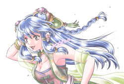 1girl 2025 :d alternate_costume aononmi blue_hair braid breasts cleavage collarbone dated floating_hair hand_in_own_hair highres long_hair medium_breasts open_mouth ranma_1/2 red_eyes sash shampoo_(ranma_1/2) signature single_braid smile solo upper_body white_background