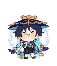 1boy artist_name asymmetrical_sleeves black_bodysuit black_bow black_bridal_gauntlets black_hair black_sandals black_shorts blue_gemstone blue_hat blue_kimono blue_sleeves blunt_ends blush_stickers bodysuit bow bridal_gauntlets chibi closed_eyes facing_viewer full_body furisode gem genshin_impact gold hands_on_own_hips happy hat highres japanese_clothes jingasa juban kimono leg_warmers male_focus nya_deko open_clothes open_kimono open_mouth sandals scaramouche_(genshin_impact) short_sleeves shorts smile solo tassel triangle_mouth vision_(genshin_impact) wanderer_(genshin_impact) white_background white_kimono white_leg_warmers white_sleeves zouri