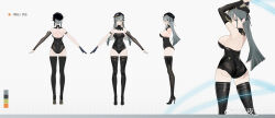 Rule 34 | 1girl, a-pose, absurdres, aether gazer, arms up, ass, beret, black boots, black hat, black leotard, boots, breasts, cleavage, concept art, green hair, hat, high heel boots, high heels, highres, large breasts, leotard, looking at viewer, mek, mole, mole on thigh, multiple views, solo, thighhighs, thoth (aether gazer), yellow eyes, zettai ryouiki