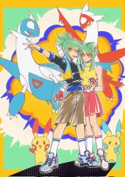 aged_up alternate_costume black_shirt blue_vest brother_and_sister brown_shorts crossover dragon full_body gen_3_pokemon green_eyes grey_hair high_ponytail highres holding holding_poke_ball latias latios legendary_pokemon lua_(yu-gi-oh!) luca_(yu-gi-oh!) minun nintendo pink_skirt plusle poke_ball poke_ball_(basic) pokemon pokemon_(creature) ponytail red_eyes saikiko shirt shorts siblings skirt socks standing trait_connection twins vest white_socks yellow_eyes yellow_shirt yellow_vest yu-gi-oh! yu-gi-oh!_5d&#039;s