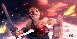 1girl absurdres armlet bracelet circlet clenched_teeth commentary dc_comics embers english_commentary highres holding holding_shield holding_sword holding_weapon jewelry long_hair looking_up renator_roldan shield skirt solo superhero_costume sword teeth weapon wonder_woman wonder_woman_(series)