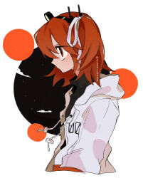 Rule 34 | 1girl, a.i. voice, adachi rei, drawstring, from side, hair ribbon, jacket, medium hair, one side up, open clothes, open jacket, orange eyes, orange hair, profile, r mame n, ribbon, solo, upper body, utau, white jacket, white ribbon